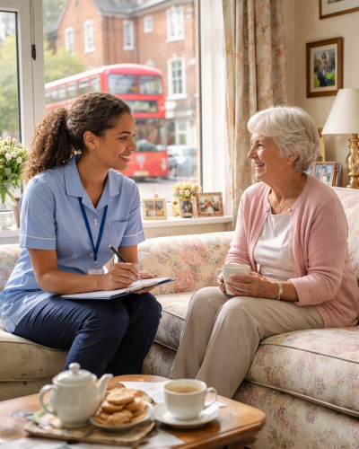 caregiver visit in a cozy living room